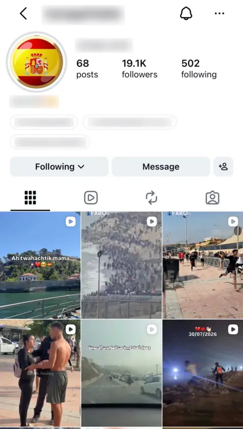 A screenshot of an Instagram account with a Spanish flag as its profile picture, 19,000 followers and several reels on its profile showing the journey to Ceuta.