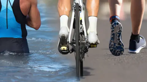 A composite image showing a person in a swimming vest in the water, someone's legs on a bicycle and another person's legs in running shoes