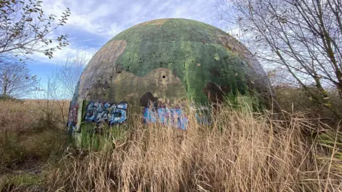 Zac Sherratt/BBC A large green gunnery training dome on grassland, surrounded by green trees and hedges. There are dried brown reeds in the foreground