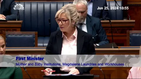 PA Media Screengrab of First Minister Michelle O'Neill in Stormont chambers as she makes a statement formally announcing a 12-week public consultation