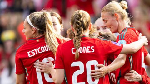 Wales women celebrate goal