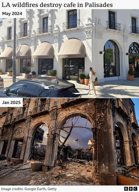 A graphic showing the damage done to a cafe in the Pacific Palisades