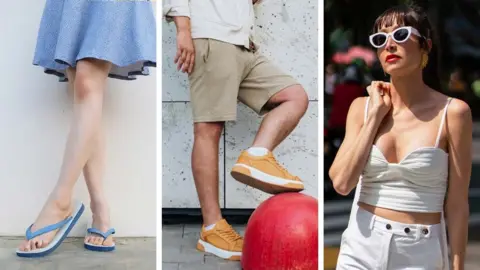 Three side by side photos from left a woman's legs wearing a skirt and flip flops, a man's legs wearing shorts and a woman wearing a white strappy top