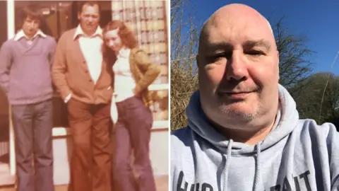 Kevin Bryan A composite of a 1970s photo of two children stood outside with their father and a present day selfie of the grown up boy