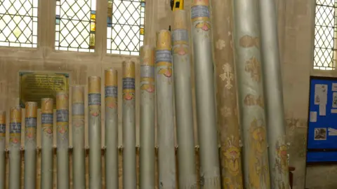 St Mary's, Steeple Ashton Row of organ pipes off the instrument in height order