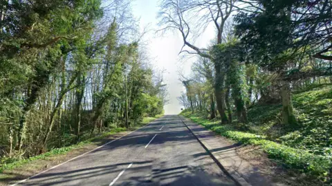 Hesleden Road, a grey tarmac road with a lane in each direction. There is a grey pavement on one side and it is tightly bordered by tall, green trees. The road is on an incline so there is a blind summit at the top. The sky is bright but cloudy.