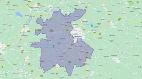 Google Maps/UK Parliament Map showing the old South Cambridgeshire constituency which goes further north and west than the new constituency