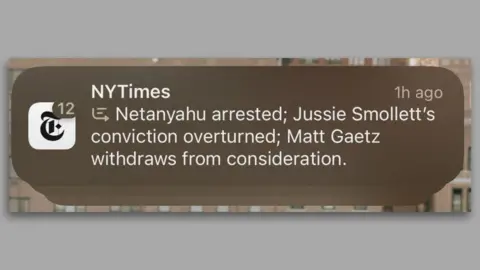 Ken Schwenke Screenshot of a misleading mass notice from the New York Times. It reads: "Netanyahu arrested; Jussie Smollett's conviction overturned; Matt Gaetz withdraws from the study".