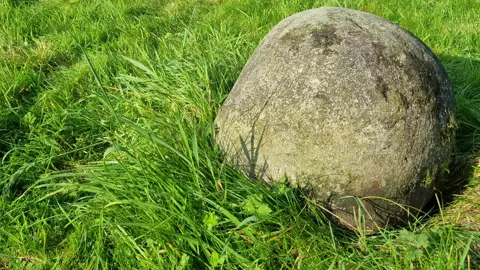Calum Stott A round large boulder which has small patches of moss. It is laid on a grassy field.