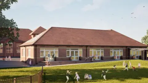 An artist's impression of the extension. A single storey building has a larger building behind it. In front is a grass area with children playing. 