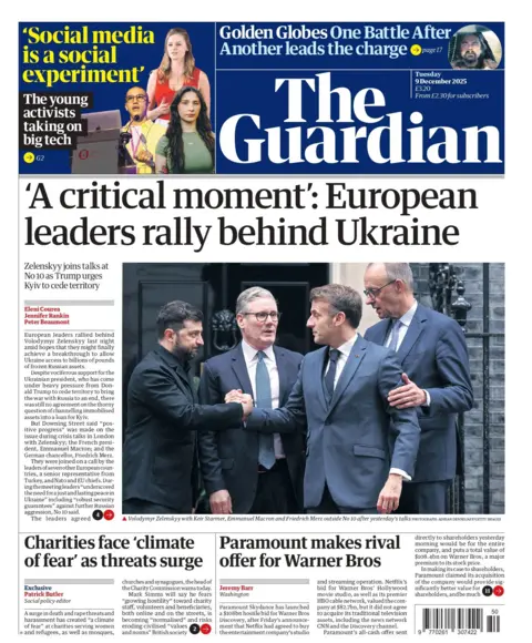 European leaders rally behind Ukraine," reads the headline on the front page of the Guardian. Below the headline, there is a photo of Sir Keir, Zelensky, French President Emmanuel Macron and German Chancellor Frederich Merz outside Number 10.