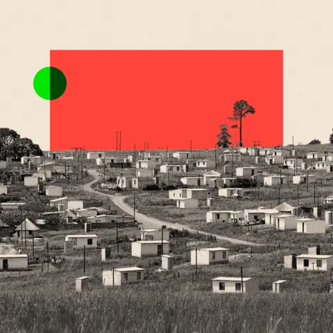 BBC A treated image of little cabins called Mandela Houses in a Zulu village in Zululand, South Africa