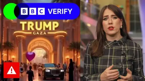 The left half of this image shows an AI-generated image of a white hotel with large pillars, and LED lights that read "Trump Gaza." A red label with a warning triangle has been added over the top and reads "AI-generated." The right-hand side of the image shows the BBC's Social Media Investigations Correspondent Marianna Spring. She is wearing a grey top with a check pattern, has long brown hair, and has a serious expression.