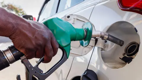Petrol attendant busy inserting the nozzle in the vehicle at a filling station