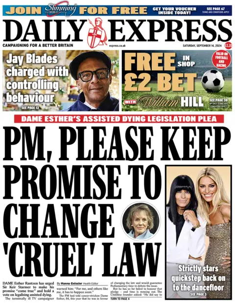 A manchete na primeira página do Daily Express diz: 'Apelo de Dame Esther à legislação em sua morte: PM, por favor, cumpra a promessa de mudar a lei 'cruel''.