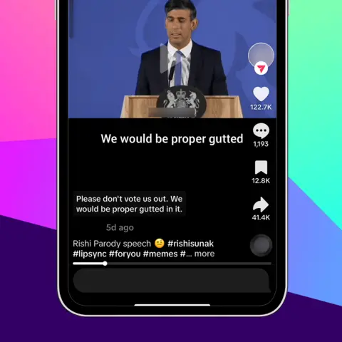 Graphic showing a phone with a screenshot from a TikTok AI fake of Rishi Sunak with a subtitle showing him saying he would be "proper gutted" to lose the election