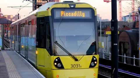 The front of a yellow Manchester Metrolink tram with 'Piccadilly' lit up on the front.