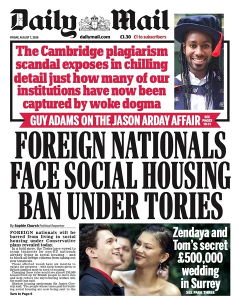 "Foreign nationals face social housing ban under Tories" reads the headline on the front page of the Daily Mail.