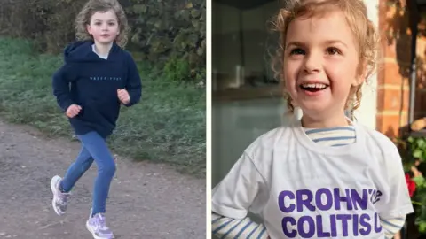 Ellis Russell On the left of the image is a photograph of Maddie, with dark blonde hair, blue leggings, a navy hoodie and violet-coloured trainers on, jogging. On the right of the image is Maddie with a white t-shirt on with the words 'Crohn's & Colitis UK' printed on the front.