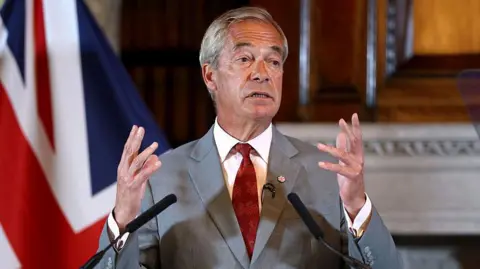 Nigel Farage at a press conference on Monday. He is standing at a podium with the words "Reform UK". Both of his hands are in the air. In the background is a UK flag.