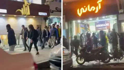 BBC Persian a split screen of two screengrabs from video obtained by BBC Persian showing a protest in Sari, northern Iran (4 January 2025)