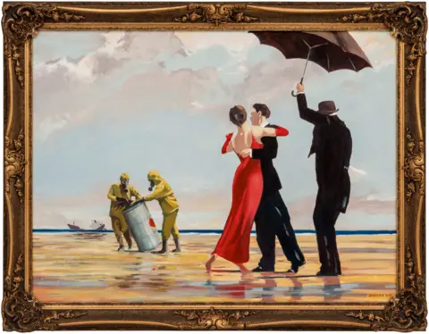 PA Media The paining shows a man and woman in formal wear dancing on a beach while a butler holds an umbrella over them. Behind them on the beach are two people in protective overalls and masks holding a barrel with a radioactive warning on it.