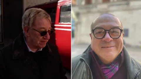 A composite image of two men, to the left Mr Marks is wearing sunglasses and a jacket and has white hair. On the right, Mr Gonzalez is smiling at the camera, wearing a green coat and purple scarf and has black glasses on. 