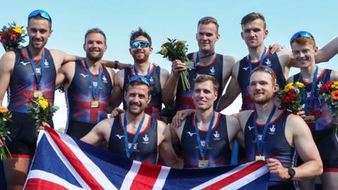 Great Britain's men's eight celebrate winning gold at the European Rowing Championships in April