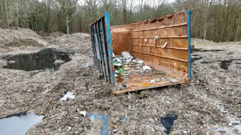 A woodland scene with piles of waste and a skip in the forefront