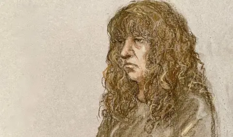 Court sketch of woman in a tracksuit looking unhappy