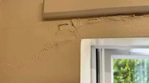 Cracked yellow walls and a corner of a window pane