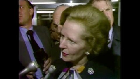 Margaret Thatcher answers questions outside the Brighton Grand Hotel.