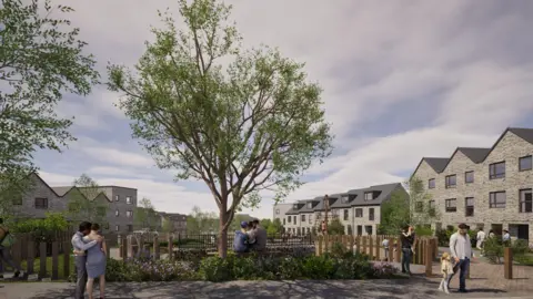 Taylor Wimpey Artist's impression of the proposed housing development on the site of what was Clasper Village. Properties of different sizes and designs can be seen, while a landscaped area with a tree sits in the foreground. A number of people are walking by.