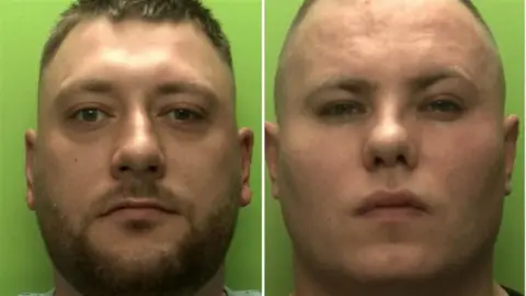 Nottinghamshire Police Police mugshots in front of a green background show Fitzgerald, left, with a beard and Richardson, right, clean-shaven