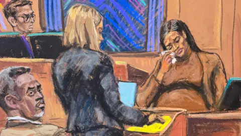 In a courtroom sktech, Sean "Diddy" Combs watches as his former girlfriend Casandra "Cassie" Ventura reacts during testimony to prosecutor Emily Johnson
