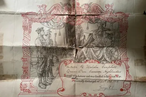 Campbell family The piece of folded paper has an illustration showing two soldiers standing to attention in front of a figure called Britannia.