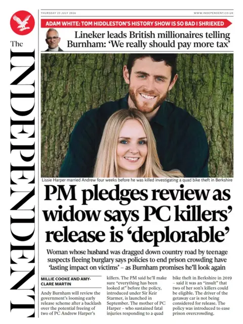 The headline on the front page of the Independent reads: “PM pledges review as widow says PC killers' release is 'deplorable'”.