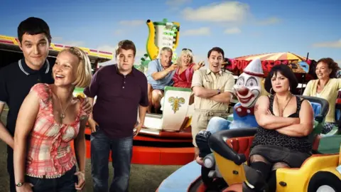 BBC The cast of Gavin and Stacey on funfair rides at Barry Island