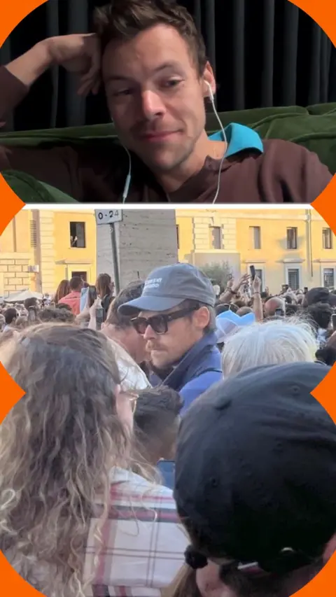 A split screen image showing Harry Styles on a video call and him amongst a crowd in Rome with sunglasses and a hat