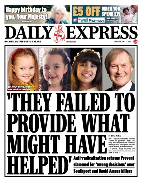 The headline on the front page of the Daily Express reads: "They failed to provide what might have helped"