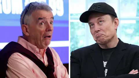 A composite image showing two middle aged men with silly expressions on their faces