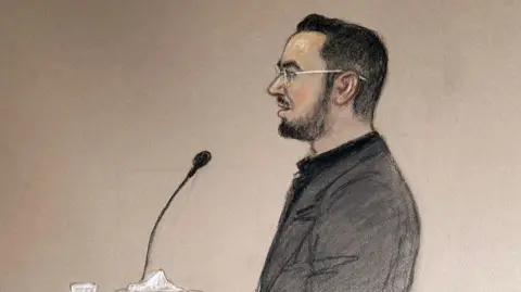 A court sketch of Pouria Zeraati giving evidence in the trial of two men accused of stabbing him. He has black hair and a black beard and is wearing a grey suit jacket.