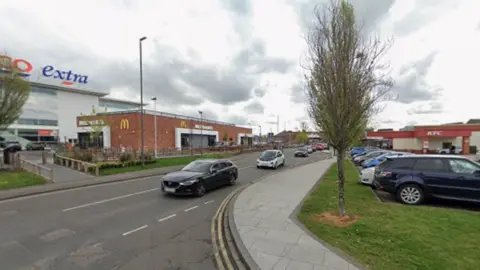 Street view image Waverley Street, Long Eaton, an business park area of modern shops including fast food restaurants and a supermarket