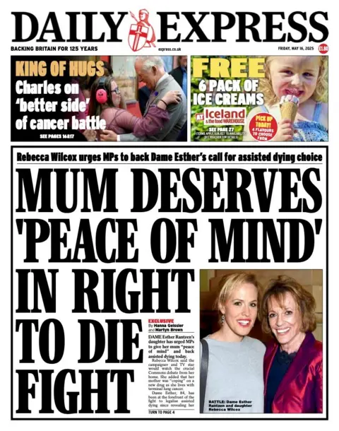 The headline on the front page of the Daily Express reads: "Mum deserves 'peace of mind' in right to die fight".