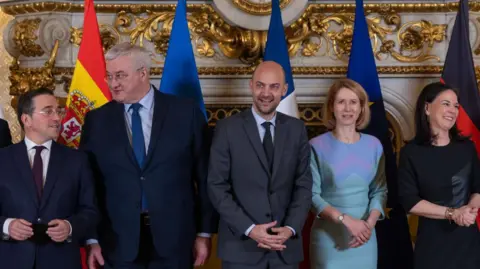 CHRISTOPHE PETIT TESSON/POOL/AFP v Five foreign ministers meet in Paris on Wednesday - Spain's Jose Manuel Albares, Ukraine's Andrii Sybiha, France's Jean-Noel Barrot, EU foreign policy chief Kaja Kallas and, Germany's Annalena Baerbock 