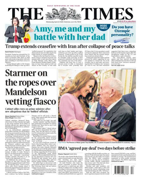"Starmer on the ropes over Mandelson vetting fiasco" reads the headline on the front page of the Times.