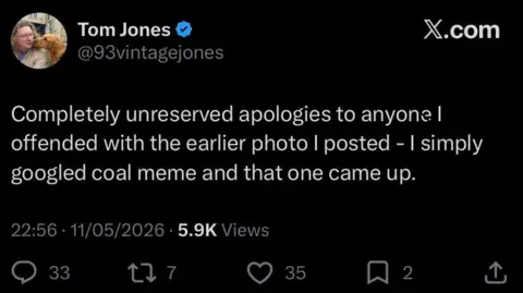 X A screenshot of a social media post from X showing a user named Tom Jones apologising for a previous photo.