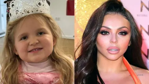 A compilation photo of Dani-Rae Brown is wearing a tiara and a pink princess costume, and former Little Mix star Jesy Nelson, at an awards evening