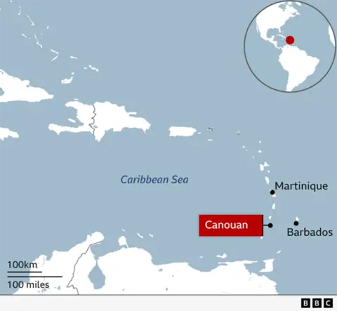 A map showing the location of Canouan in the Caribbean Sea
