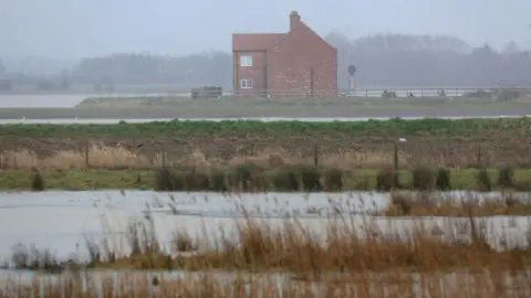 Getty Images A brick house with a red‑tiled roof stands in the distance alone on slightly elevated ground, surrounded by expansive flooded fields. Layers of waterlogged grassland fill the foreground, with patches of standing water and brown reeds. A wire fence runs horizontally across the middle ground. The sky is overcast and hazy.